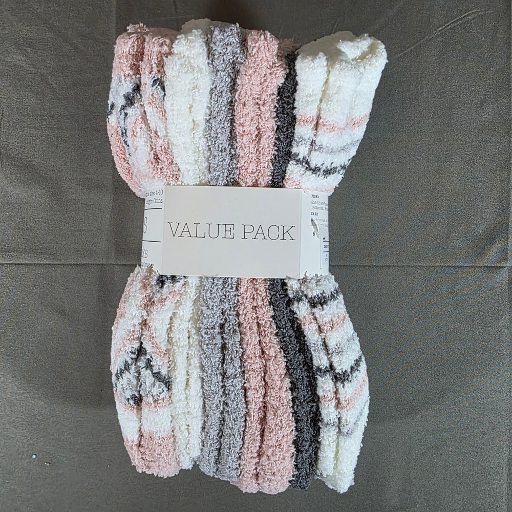 Cozies Low Cut Fuzzy Socks 6 Pair Value Pack Pink Grey White Shoe Size 4-10 NEW